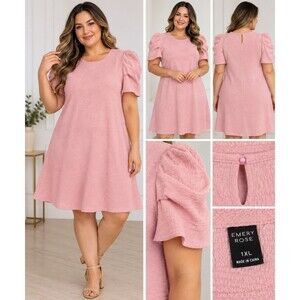 Emery Rose Women's Pink Textured A-Line Midi Dress Size 1XL Puff Short...